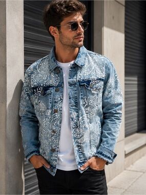 Reason Light Blue Wash Paisley Allover Print Denim Trucker Jacket Coat Sz Large